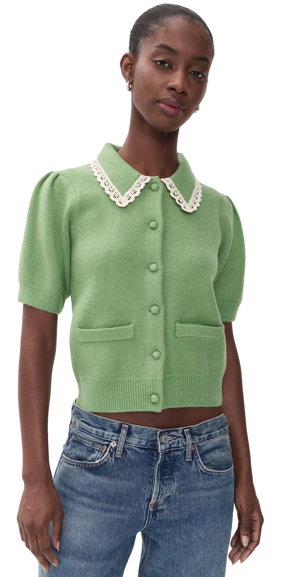 English Factory Lace Trim Puff Sleeve Knit Cardigan Sage XS