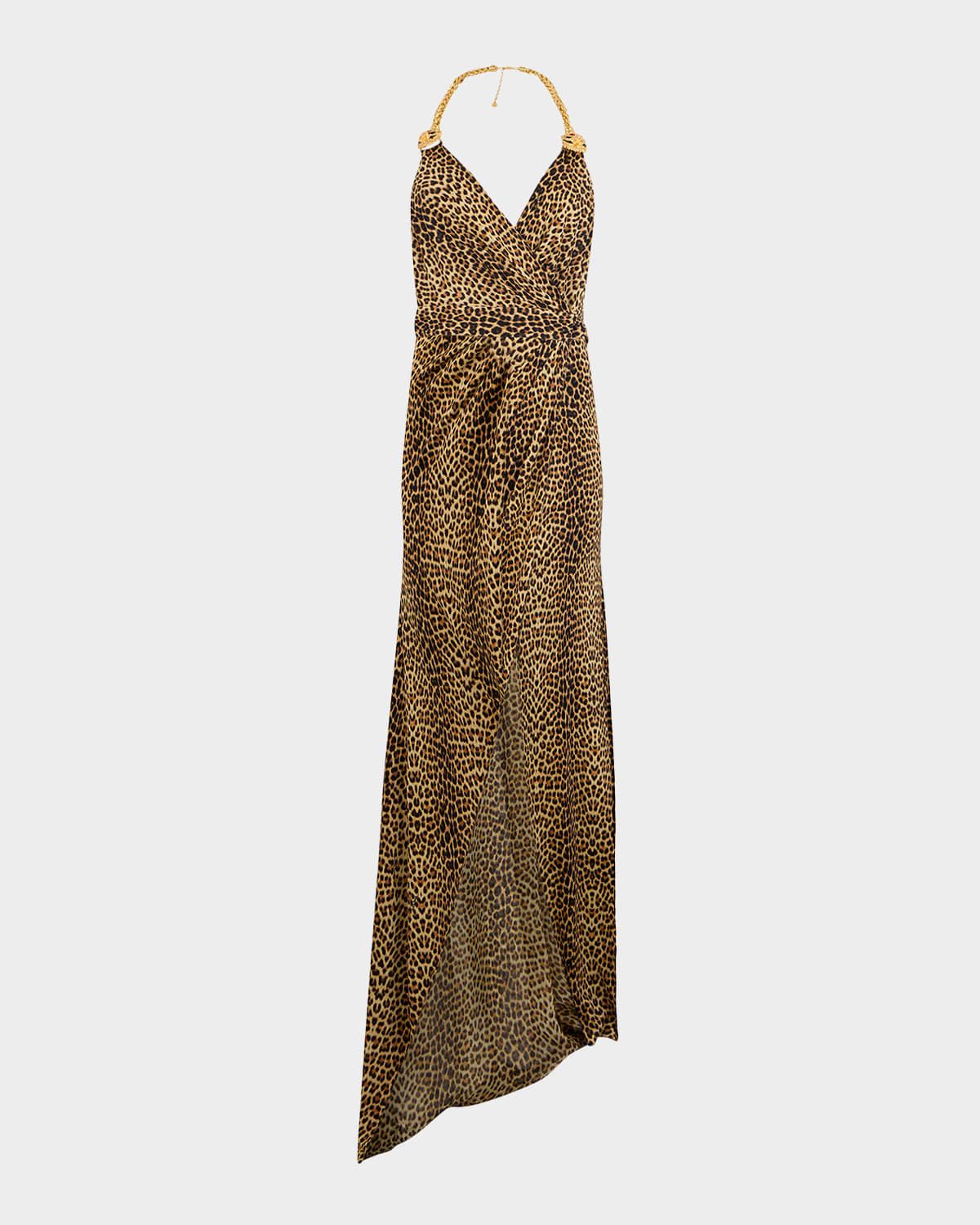 Baby Jaguar-Print Chain Halter Slit Gown