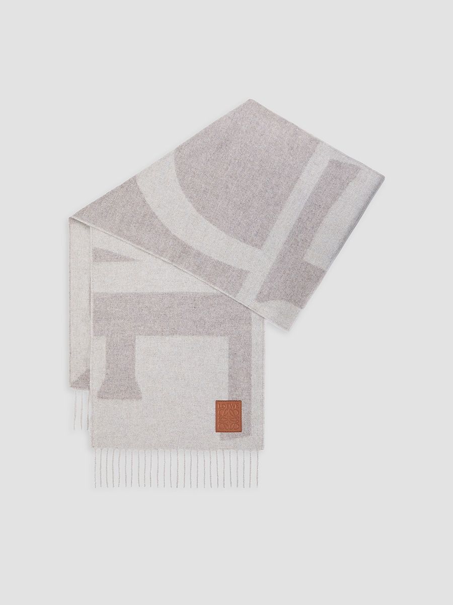 LOEWE Men's Logo Fringed Cashmere Scarf - Light Grey Stone