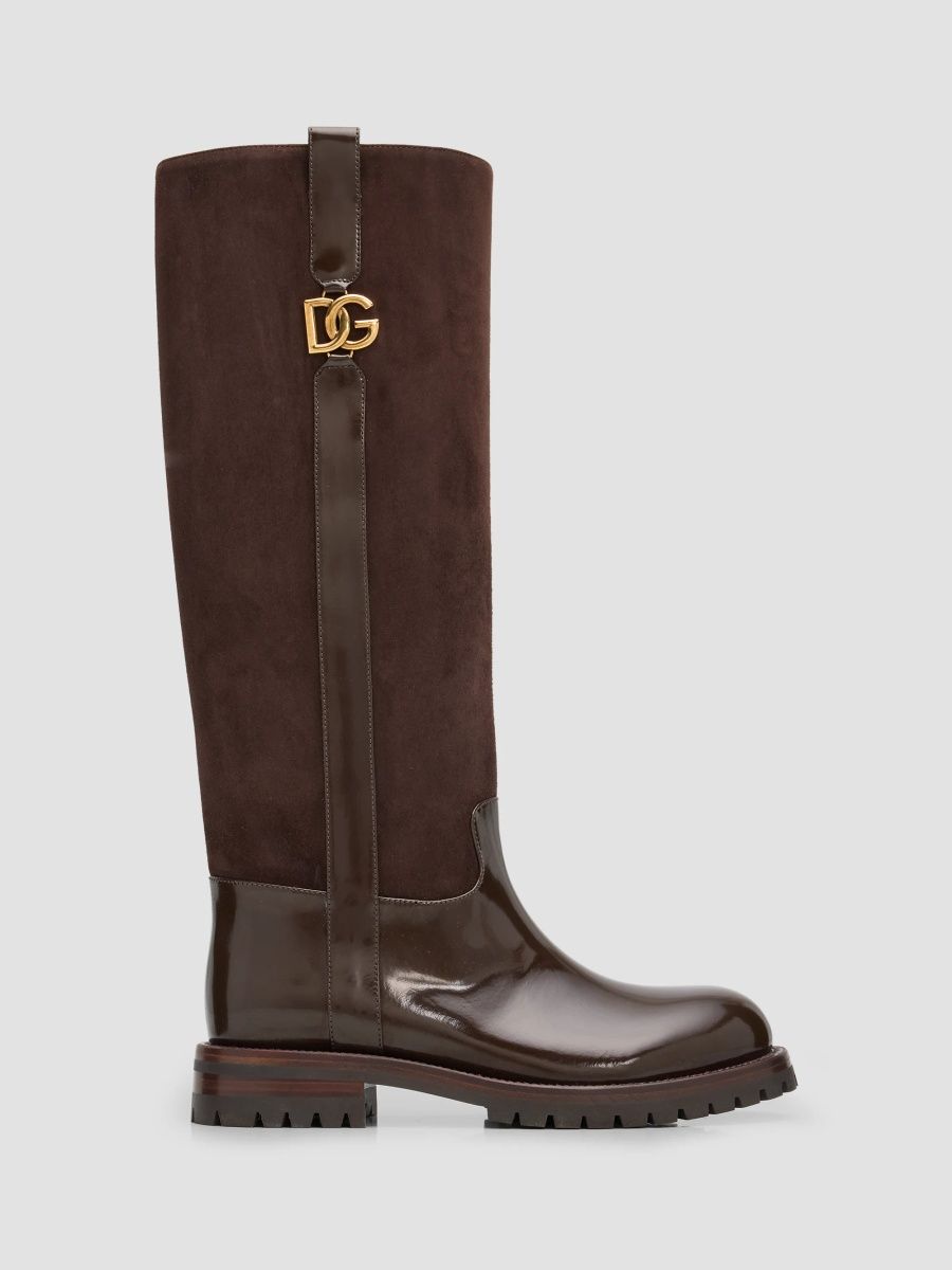 Dolce & Gabbana Women's Velata Suede & Leather Riding Boots - Ebano Moro - Size 11