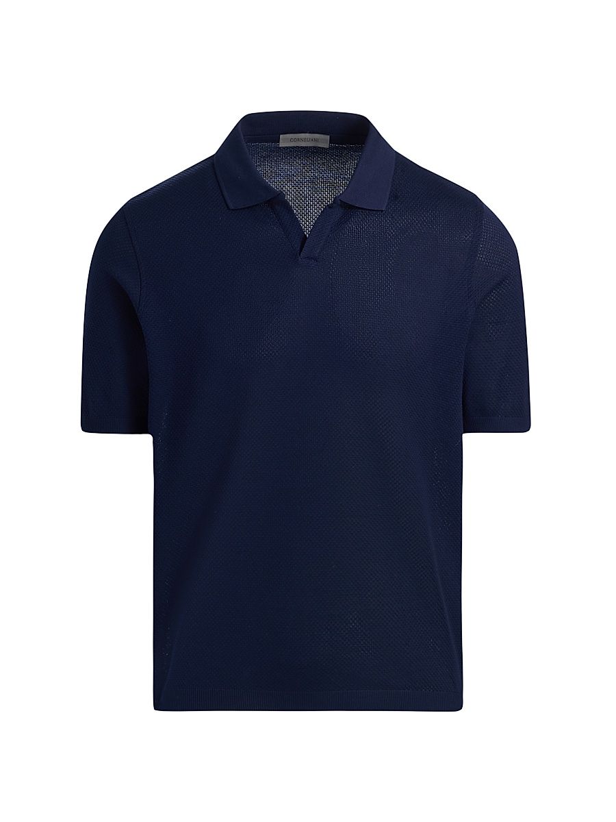 Men's Textured Cotton Johnny Collar Polo Shirt - Navy - Size 38