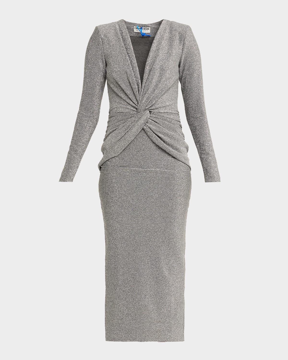 Jarra Twist-Front Shimmer Bodycon Midi Dress