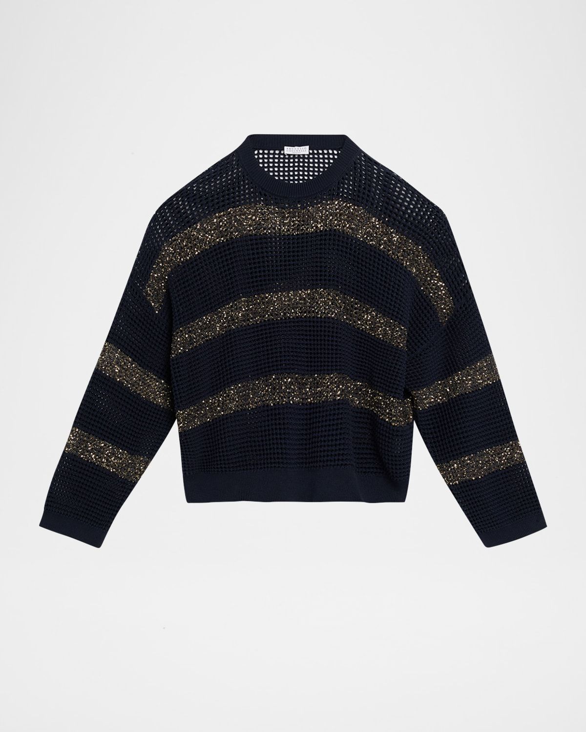Pailette Striped Open-Knit Crewneck Sweater