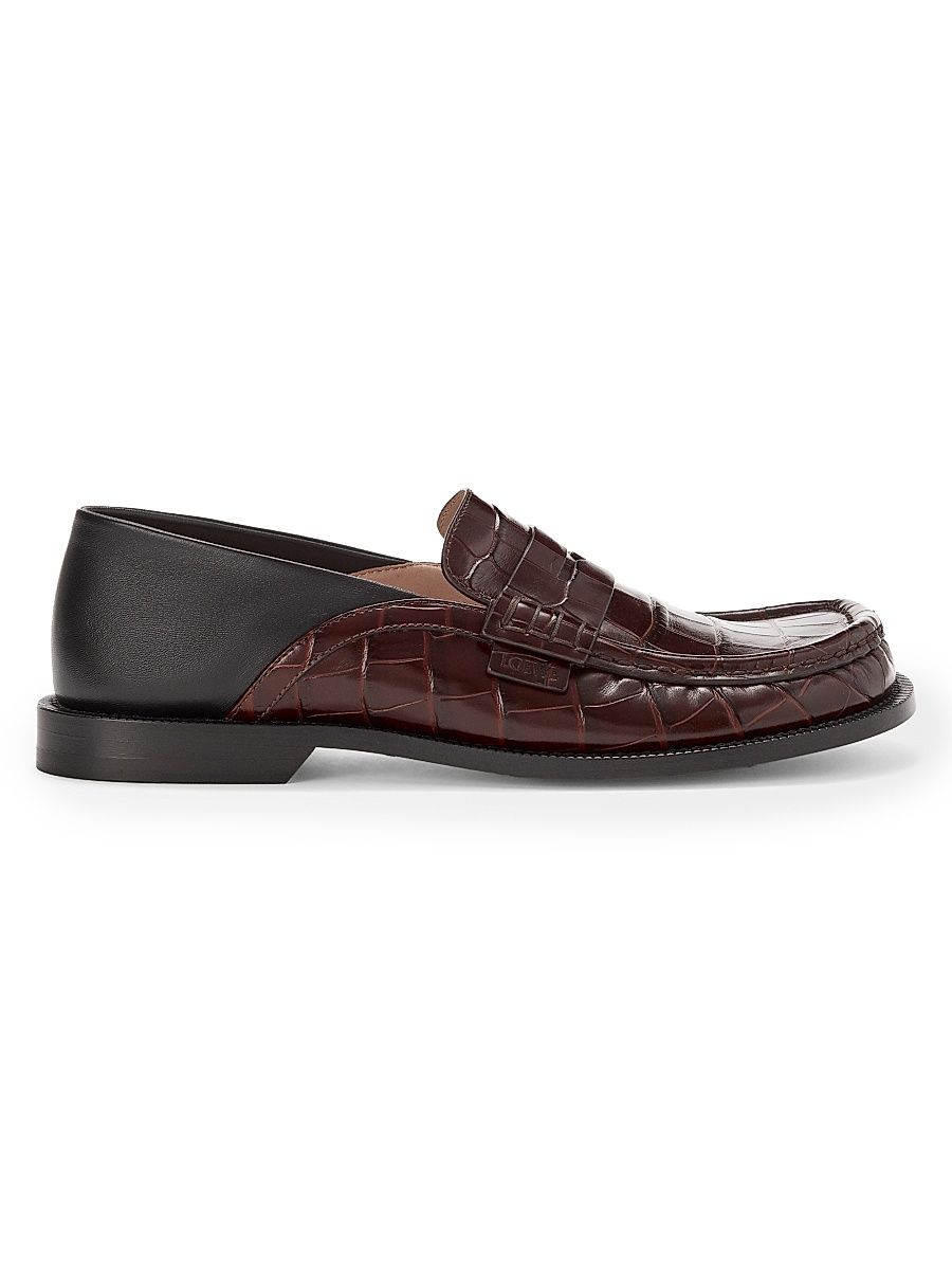 Men's Campo Croco-Embossed Leather Flap-Back Loafers - Dark Brown Black - Size 13