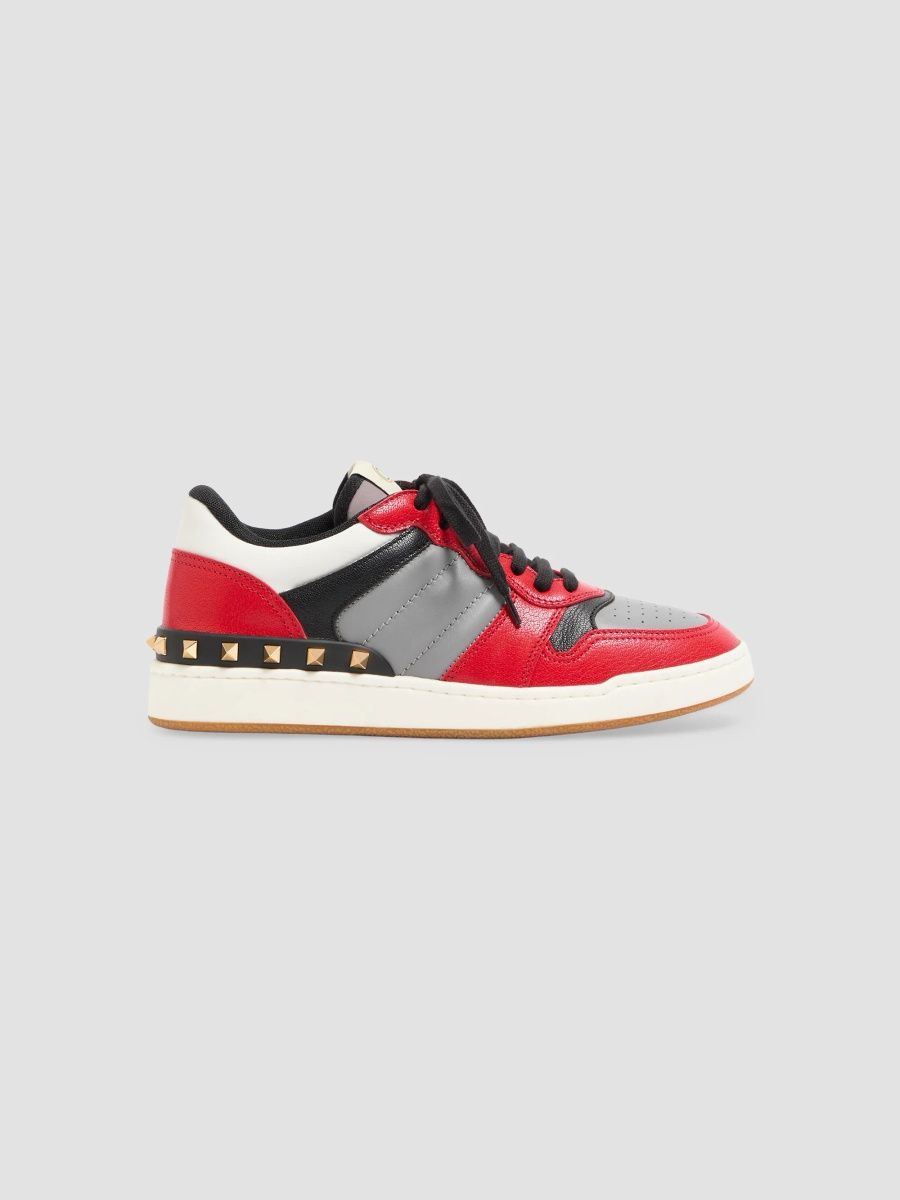 Valentino Men's Freedots Two-Tone Sneakers in Kidskin and Nappa Calfskin with Studs Detail - Coral Multicolor - Size 7.5