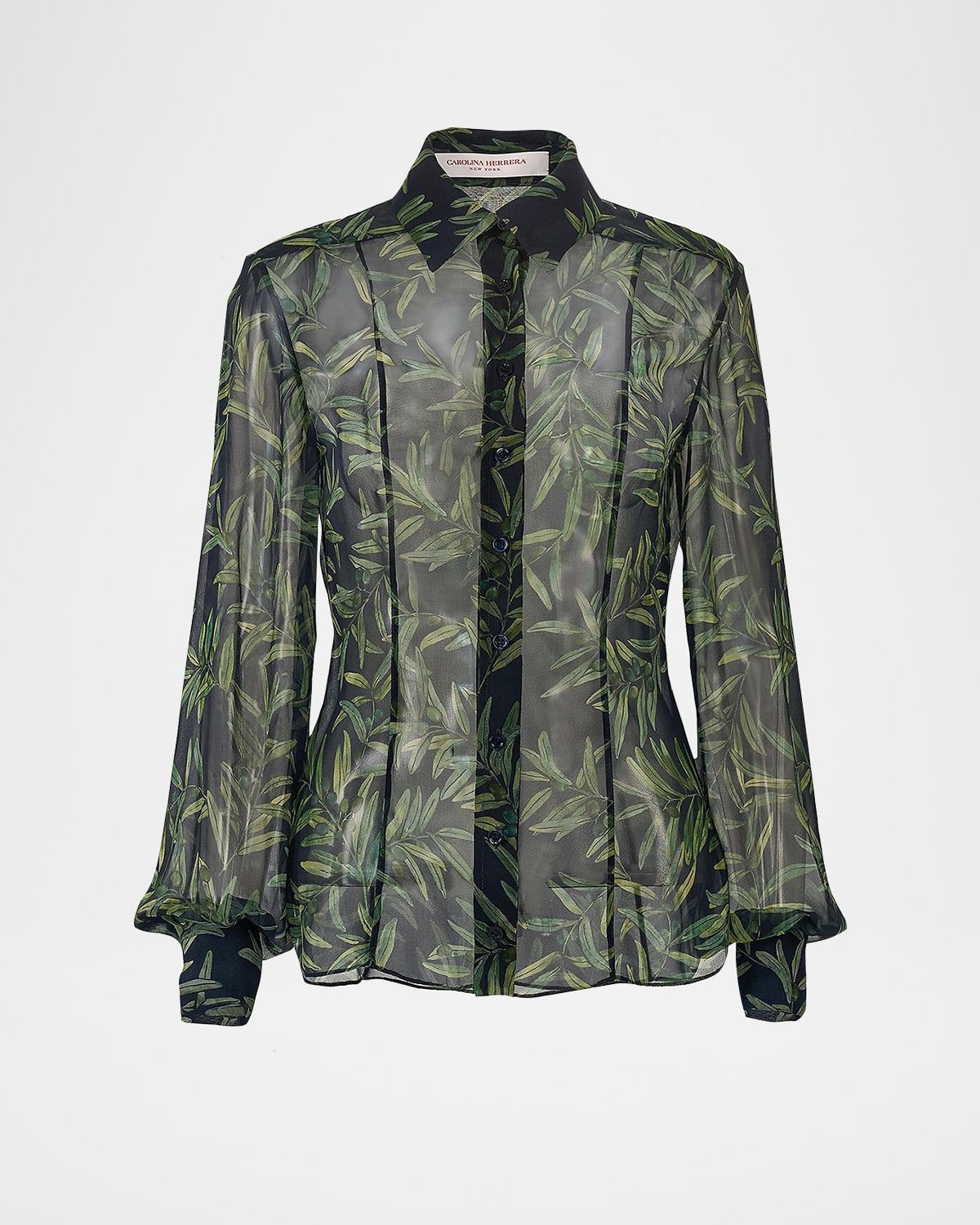 Olive Branch Silk Chiffon Button-Down Shirt