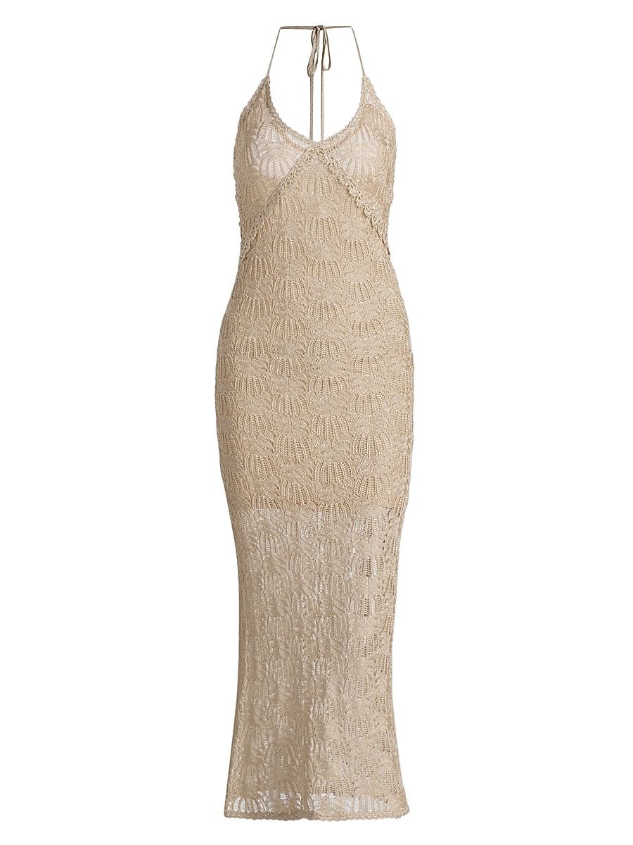Women's Vreya Metallic Halterneck Knitted Midi-Dress - Glimmering Sand - Size XL