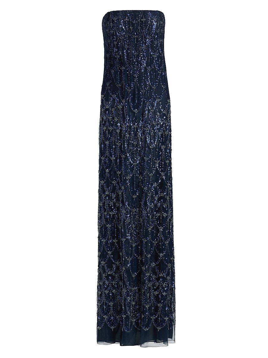 Women's Beaded Sequin Strapless Column Gown - Navy - Size 4