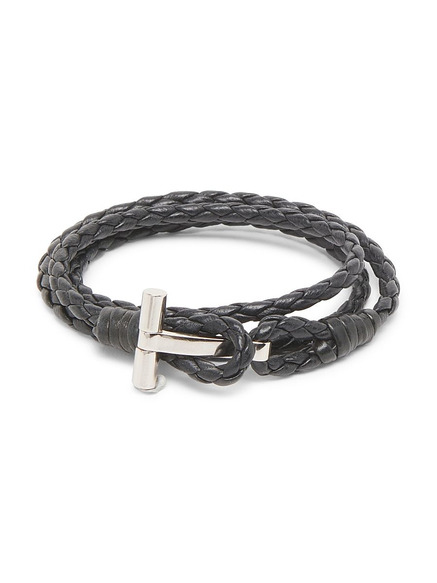 Men's Brass & Braided Leather Bracelet - Black - Size XL