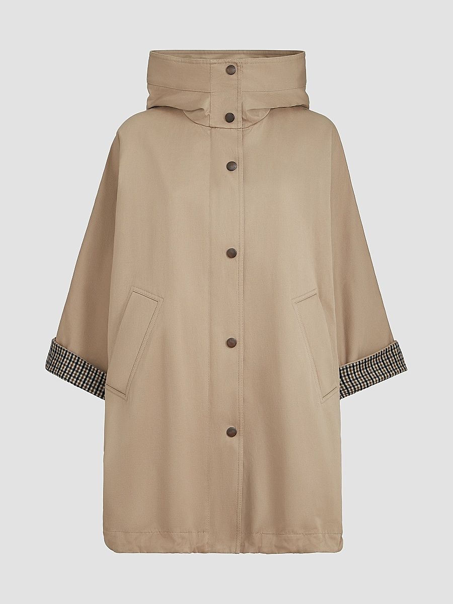 Women's Cotton and Linen Twill Hooded Outerwear Jacket with Monili - Camel - Size 12