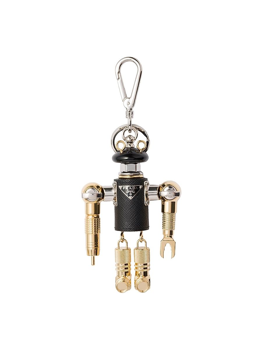 Women's Robot Saffiano Leather Key Ring Charm - Black