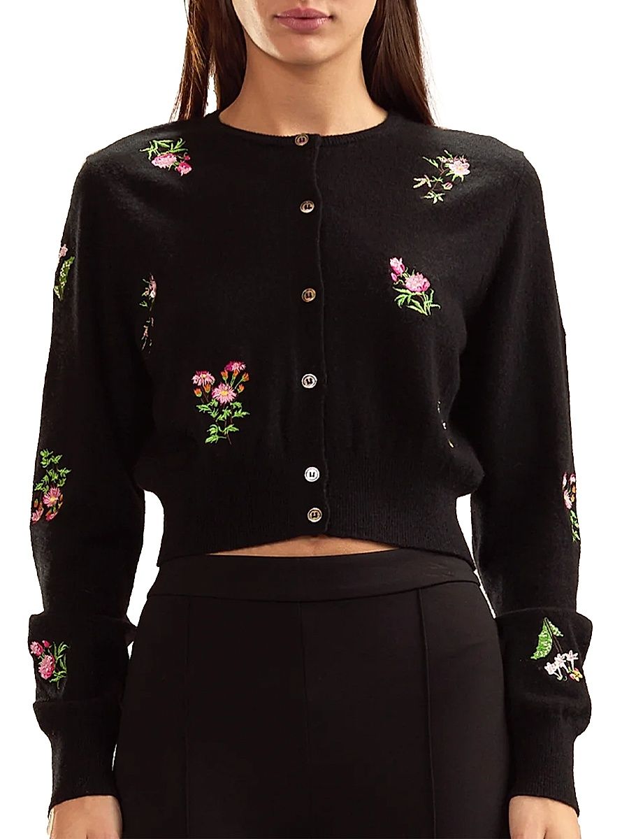 Women's Forget Me Not Embroidered Floral Cardigan - Black Multi - Size Medium