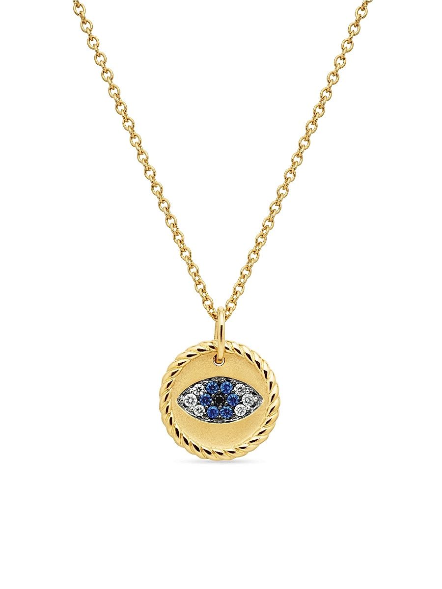 Women's Cable Collectibles Evil Eye Necklace in 18K Yellow Gold with Pavé Blue Sapphires and Diamonds, 11mm - Light Blue Sapphire - Size 18