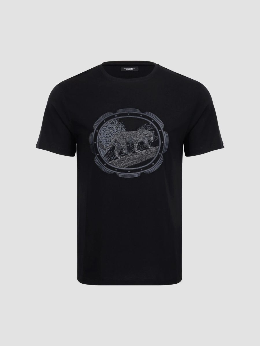 Stefano Ricci Men's Cotton-Blend Embroidered Cheetah T-Shirt - Black - Size XXXXL
