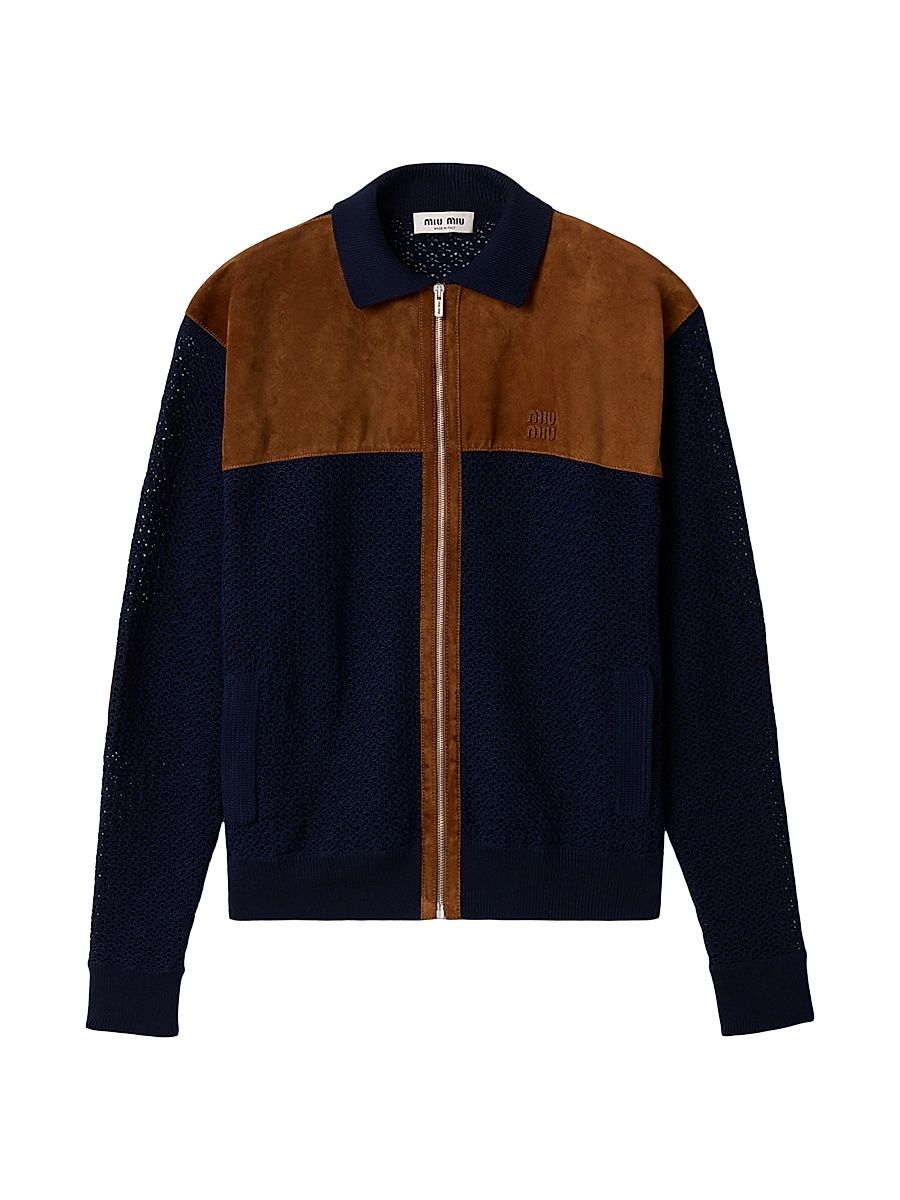 Women's Cotton Crochet and Suede Cardigan - Blue - Size 0