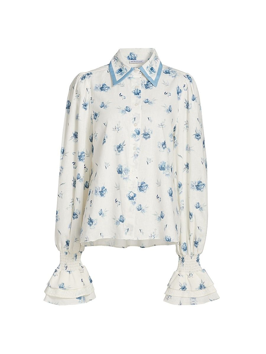 Women's Le Champ Lucinda Floral Linen-Cotton Blouse - Cerulean Peony - Size 8