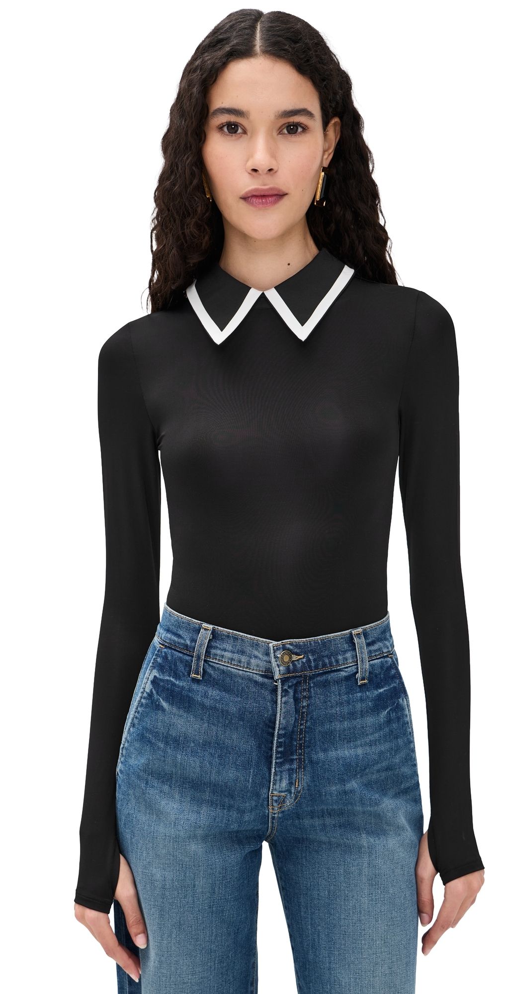 ALICE + OLIVIA Keenan Long Sleeve Polo Thong Bodysuit Black S