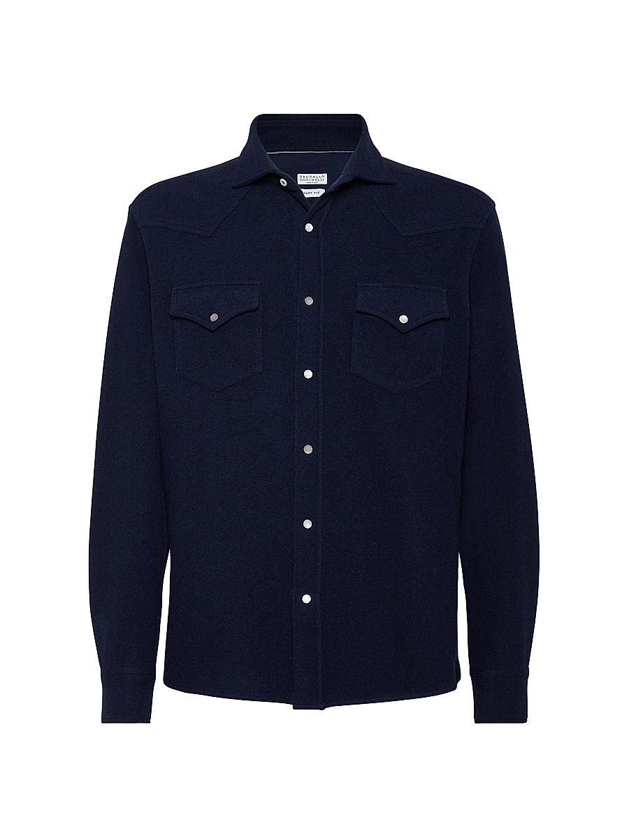 Men's Techno Cashmere and Cotton Western Shirt - Navy Blue - Size XXL