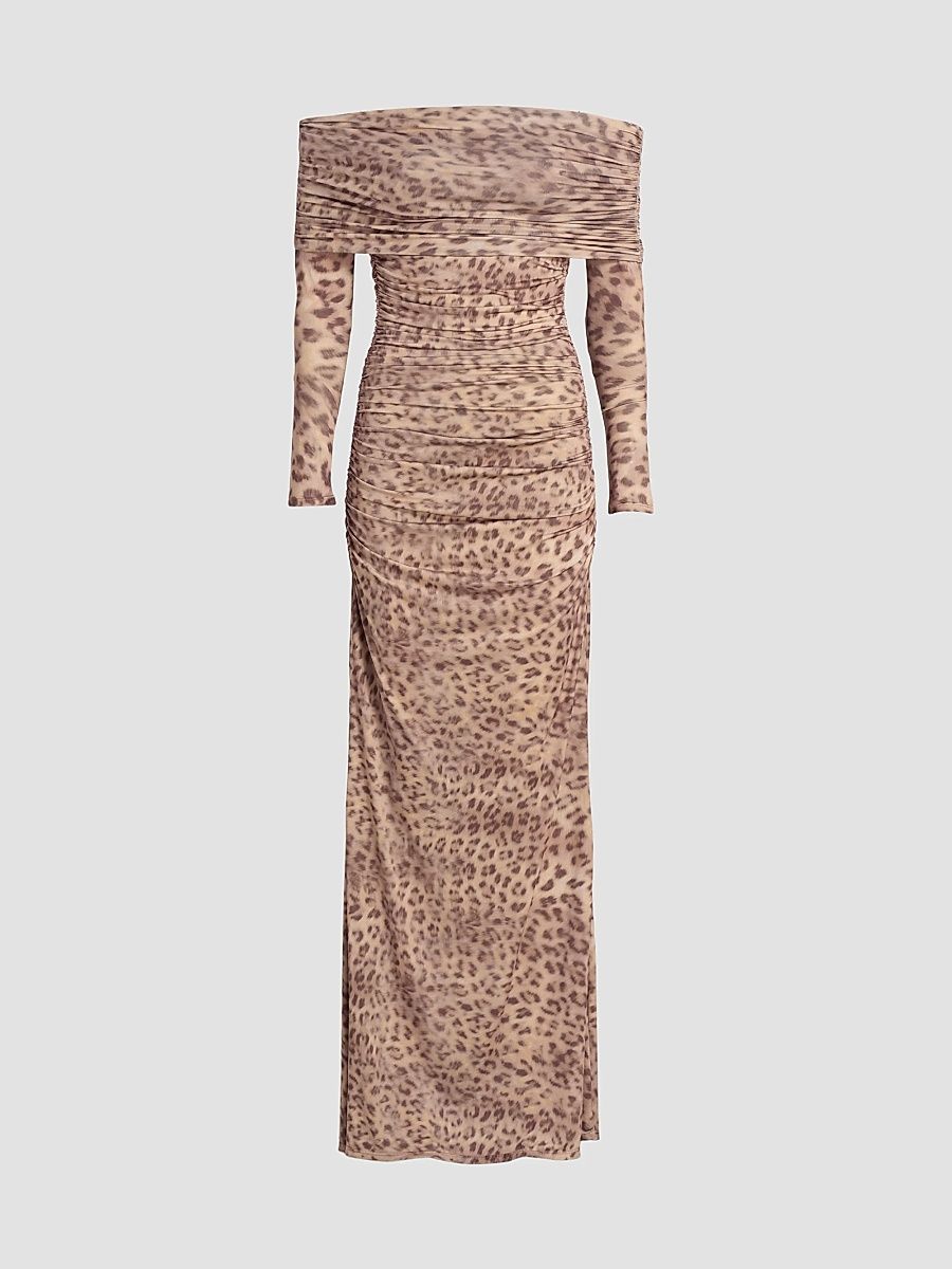 Women's Printed Jersey Off-The-Shoulder Maxi Dress - Snow Leopard - Size Large