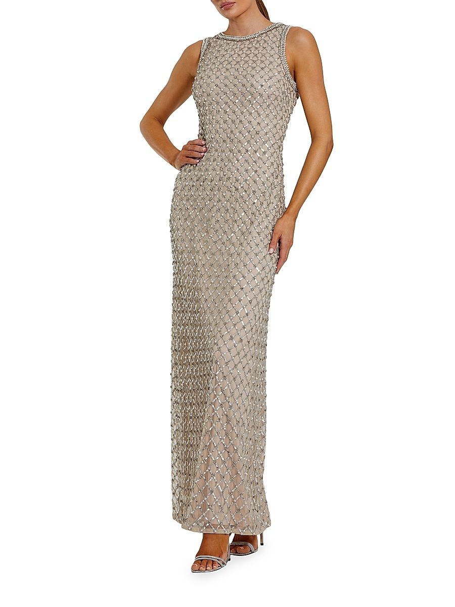 Women's Evening Sequined Mesh Column Gown - Silver Beige - Size 12