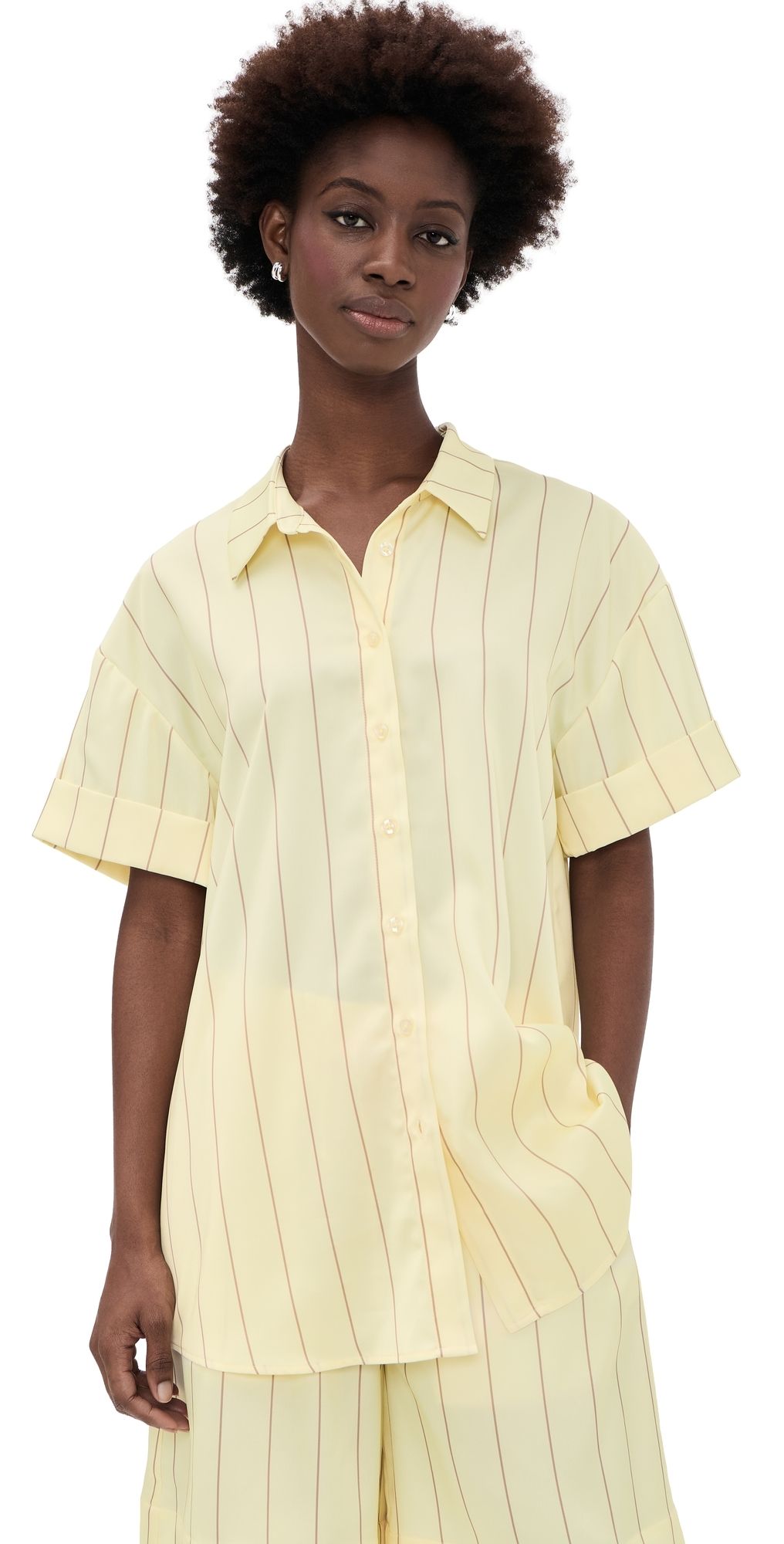 Susana Monaco Crinkle Satin Stripe Button Down Whipped Cream XS