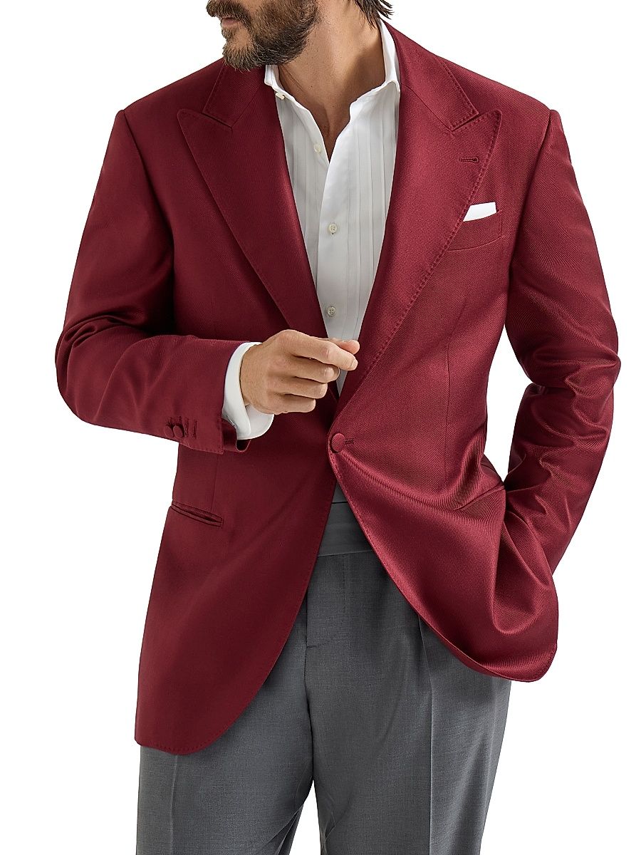 Men's Silk Diagonal Tuxedo Jacket with Peak Lapels - Cherry - Size 38