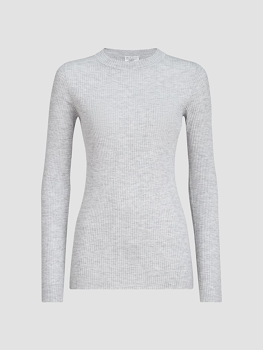 Women's Sparkling Cashmere and Silk Rib Knit Lightweight Sweater - Light Grey - Size XXXL