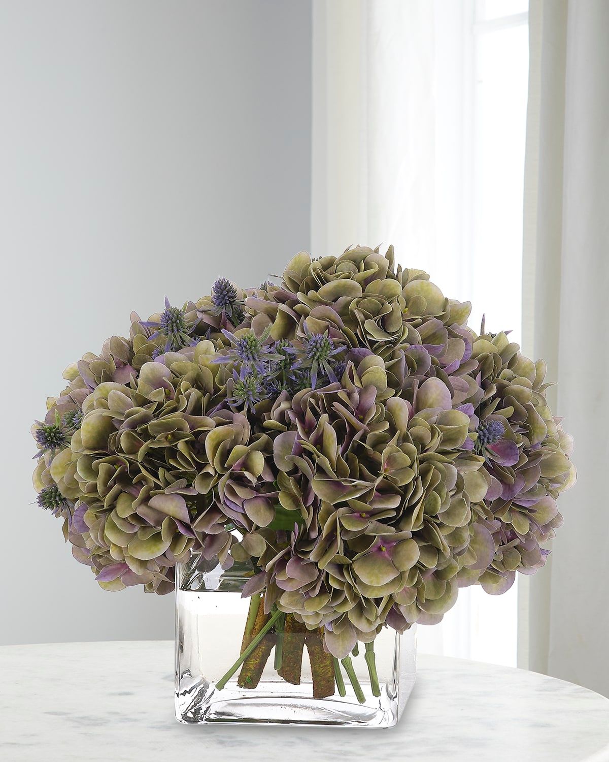Hydrangeas 14" Faux Floral Arrangement in Glass Cube