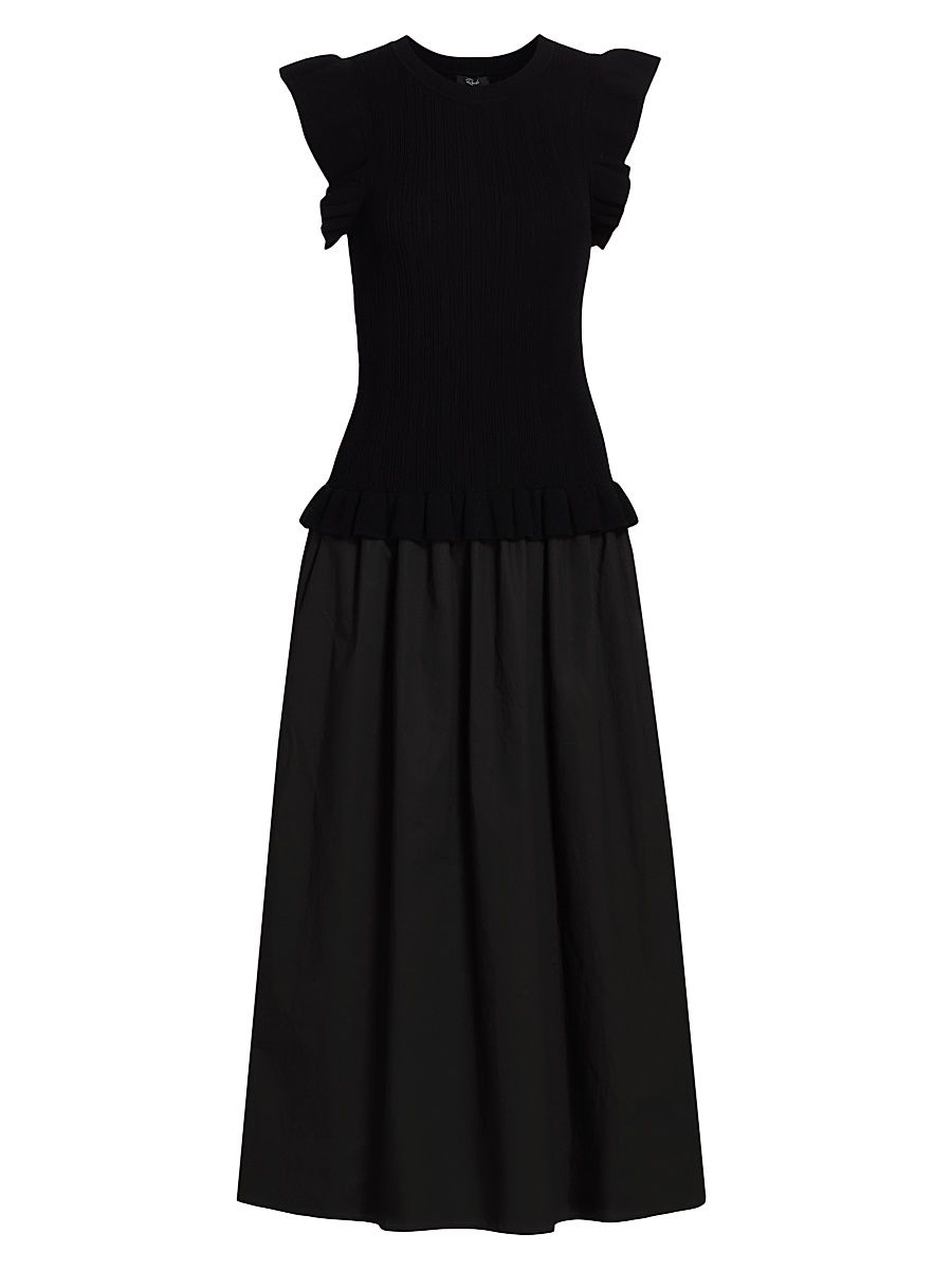 Women's Deirdre Ruffled Mixed-Media Midi-Dress - Black - Size Large