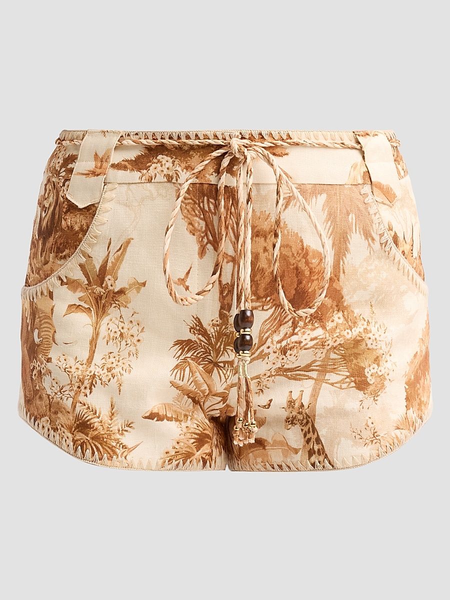 Women's Indra Printed Linen Shorts - Coffee Safari - Size 0