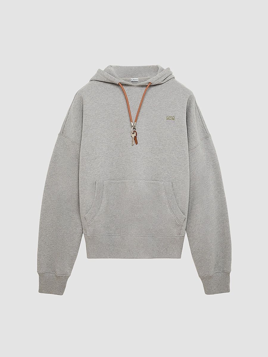 Men's Keyring Leather Drawstring Cotton Hoodie - Grey Melange - Size Large