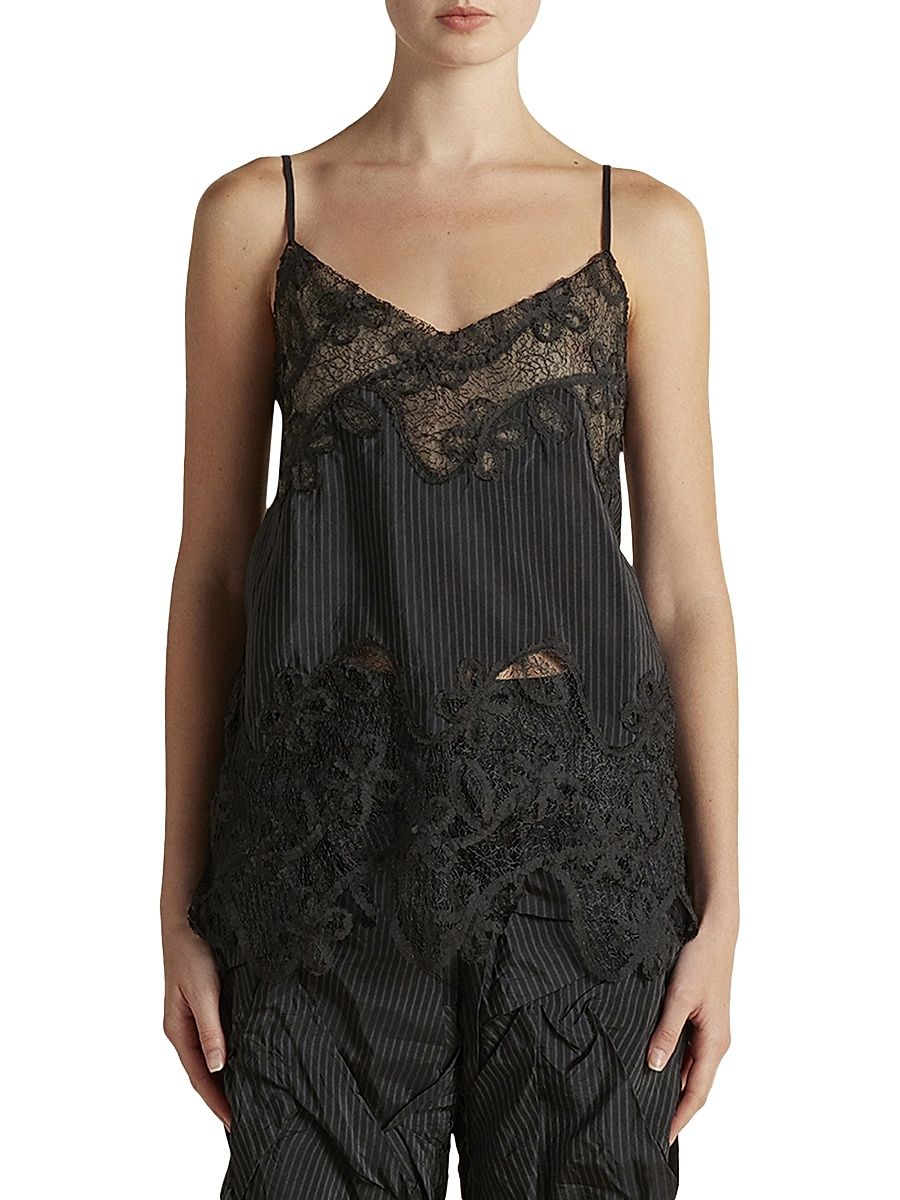 Women's Pinstripe Camisole with Lace Inlay - Navy Pinstripe - Size 10