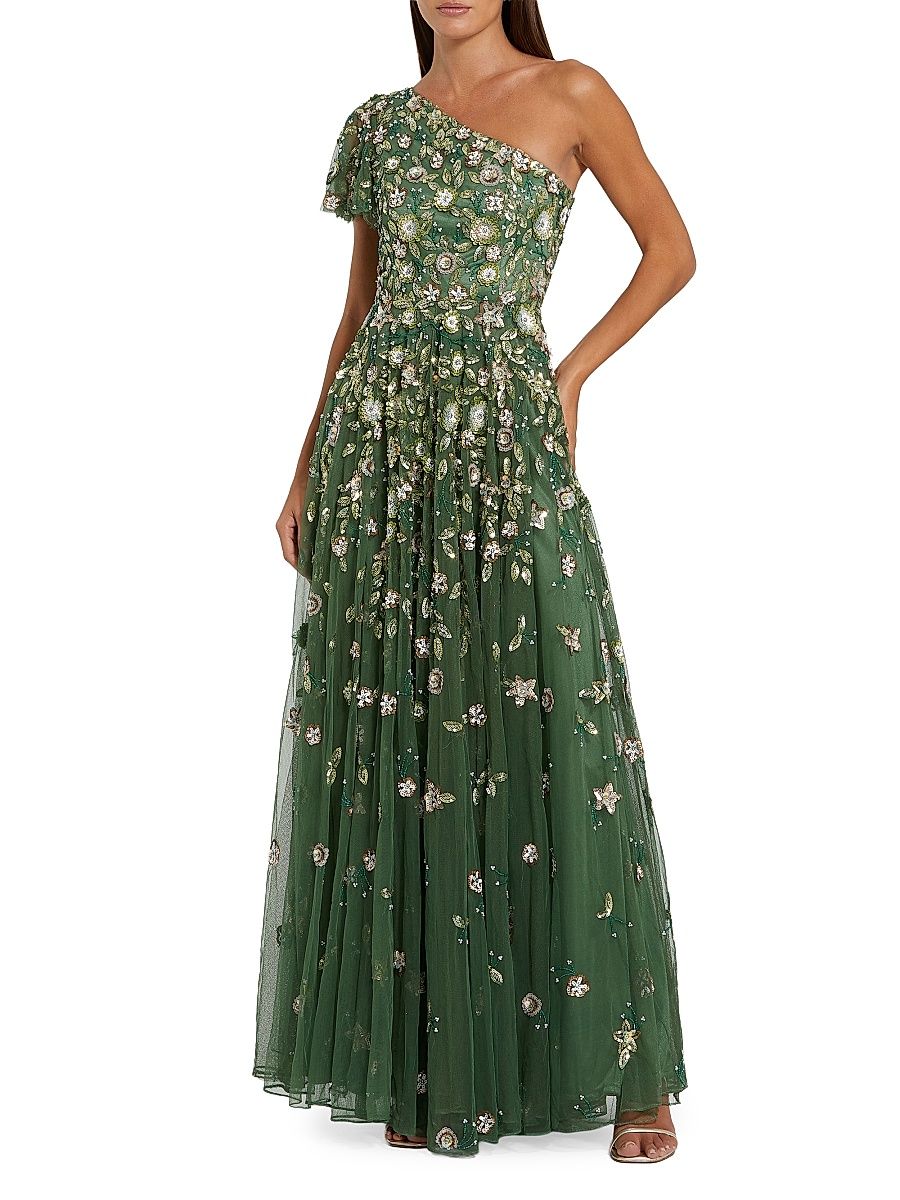 Women's Floral-Sequined Mesh One-Shoulder Gown - Sage - Size 16