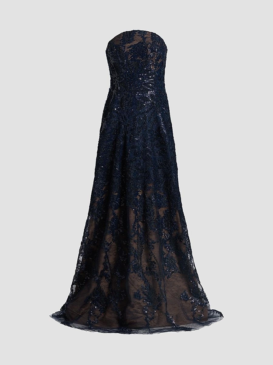 Rene Ruiz Collection Women's Floral Beaded Strapless A-Line Gown - Navy - Size 14