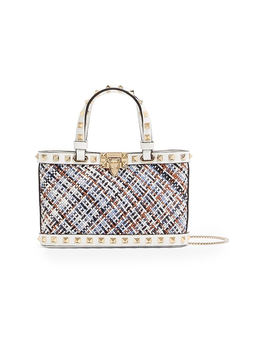 Women's Rockstud Mini Top Handle Shopping Bag in Woven Fabric - White Multicolor