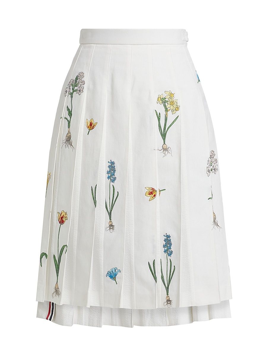 Women's Floral Pleated Midi-Skirt - White - Size 6