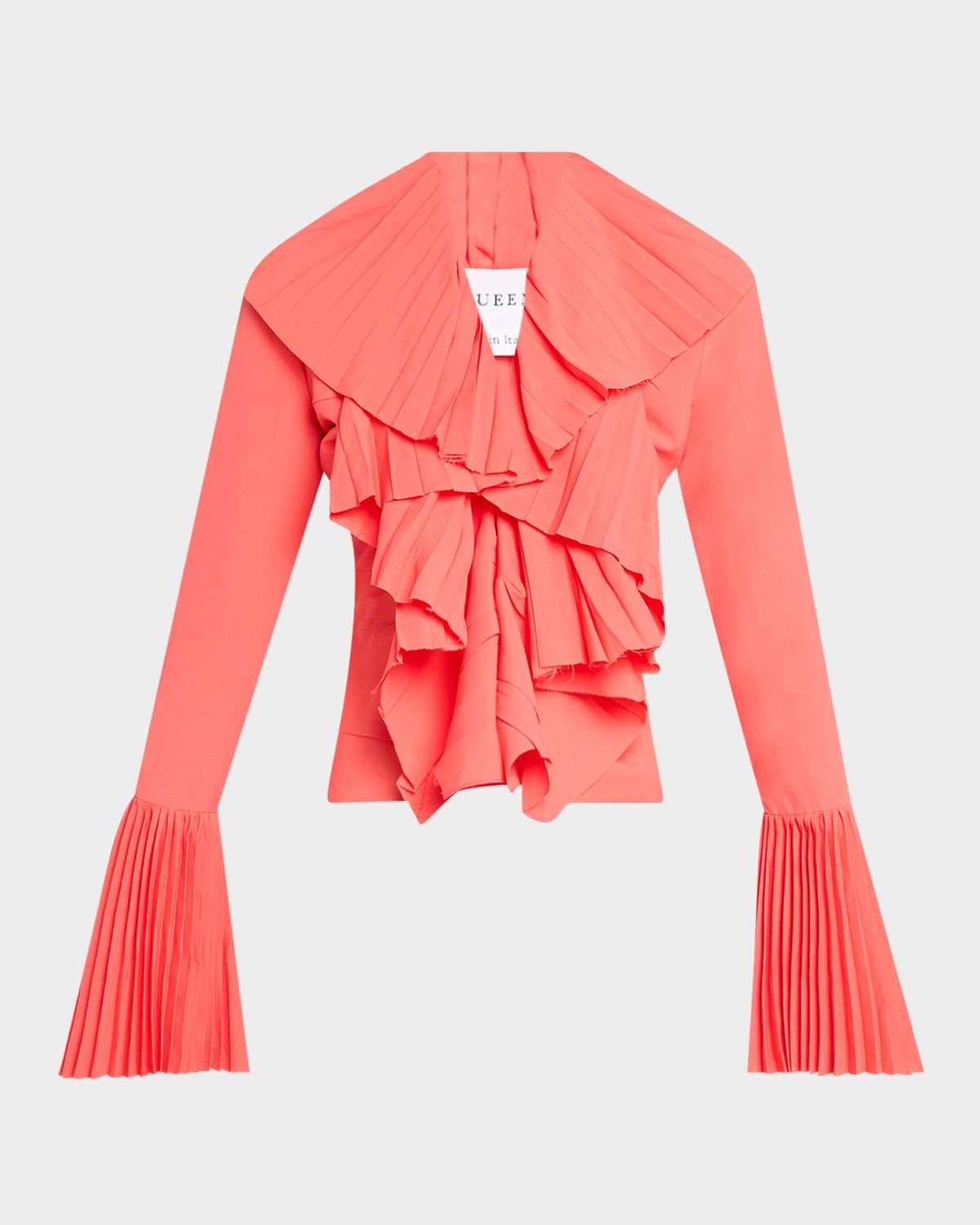 Long-Sleeve V-Neck Pleated Ruffle Blouse