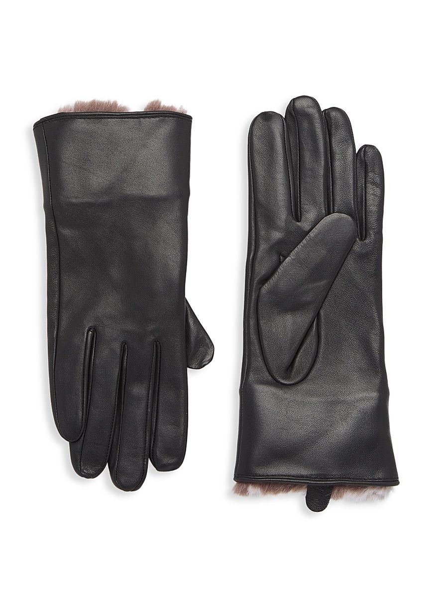 Women's Faux Fur-Lined Leather Gloves - Black Grey Frost - Size Large
