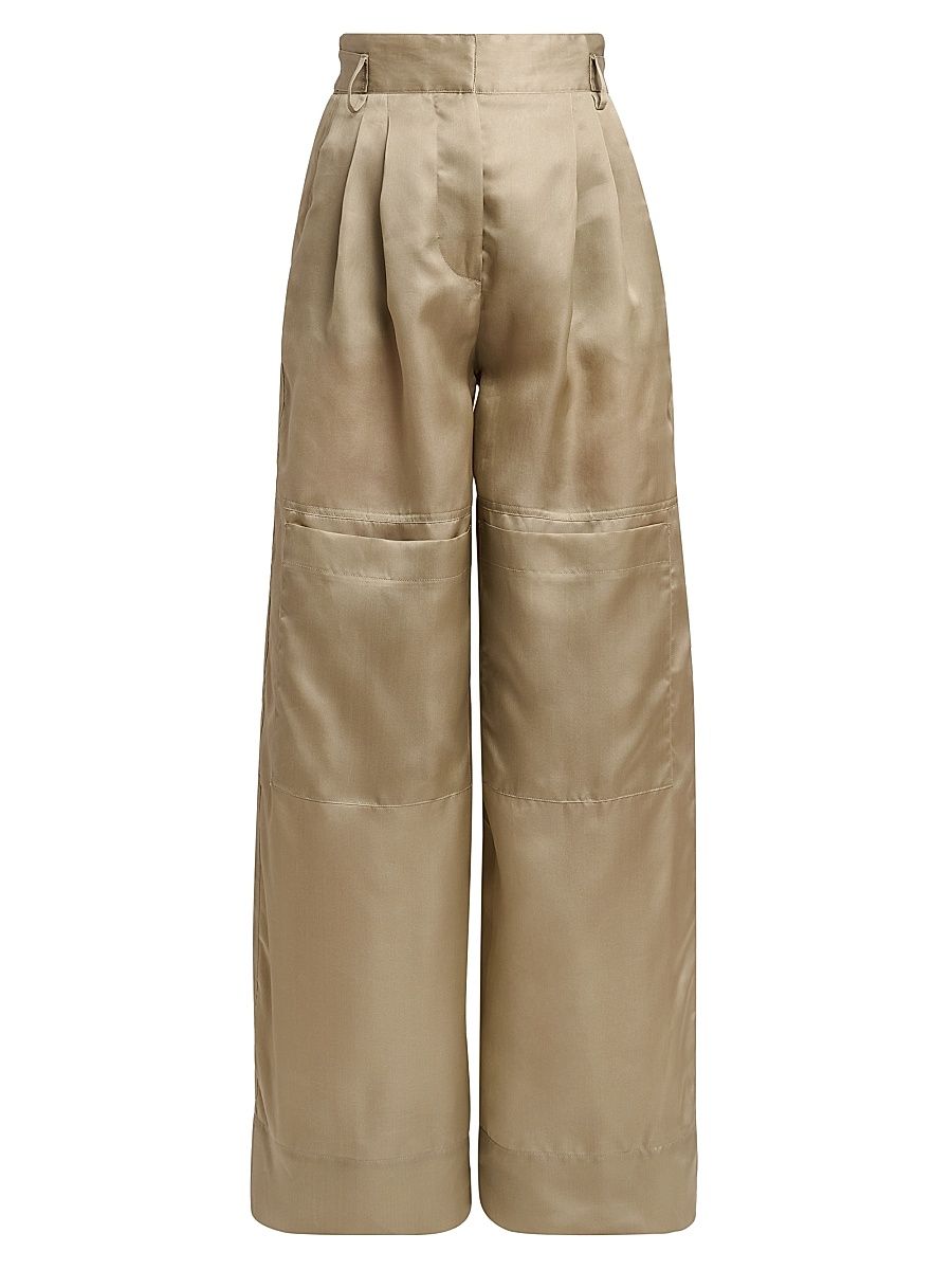 Women's Pleated Silk Wide-Leg Pants - Grey - Size 12