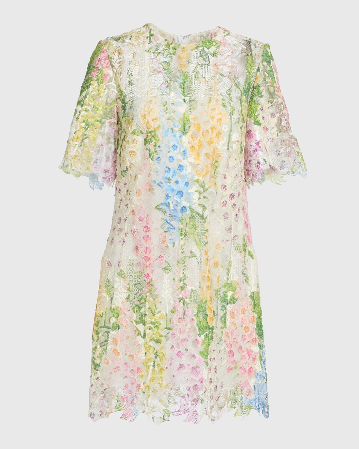 Short-Sleeve Foxglove-Print Lace Mini Dress