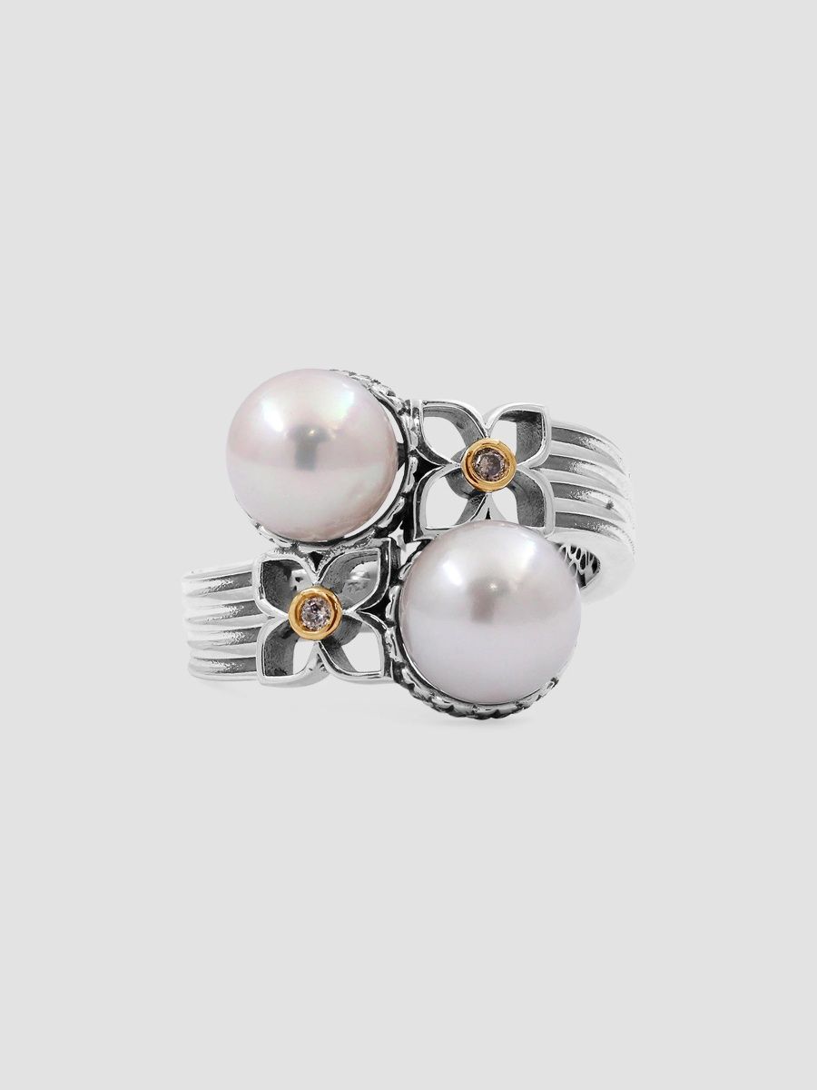 Stephen Dweck Women's Sterling Silver, 18K Yellow Gold, 0.03 TCW Diamond & Freshwater Pearl Bypass Ring - Silver - Size 7