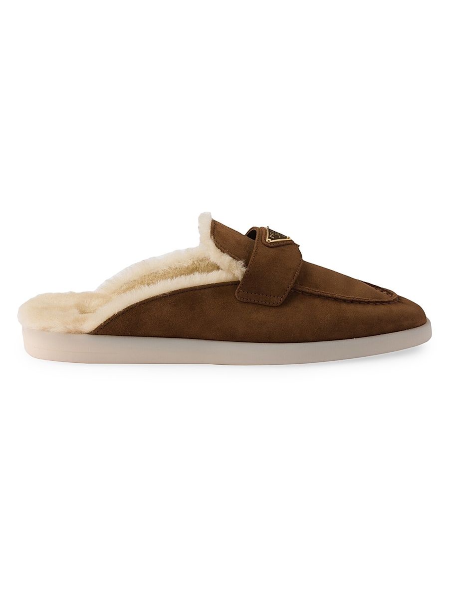 Women's Suede and Shearling Slippers - Brown - Size 10