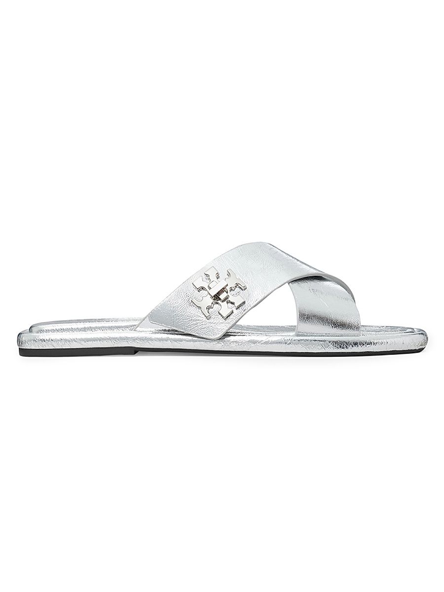 Women's Crisscross Metallic Leather Flat Sandals - Silver - Size 7