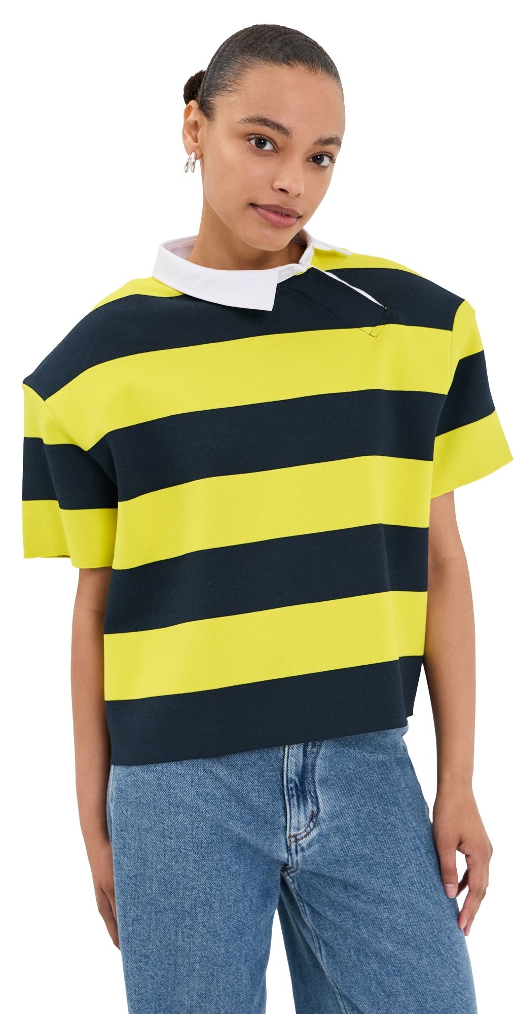 A. W.A. K.E. MODE Knitted Rugby Top Yellow/Navy Striped XL
