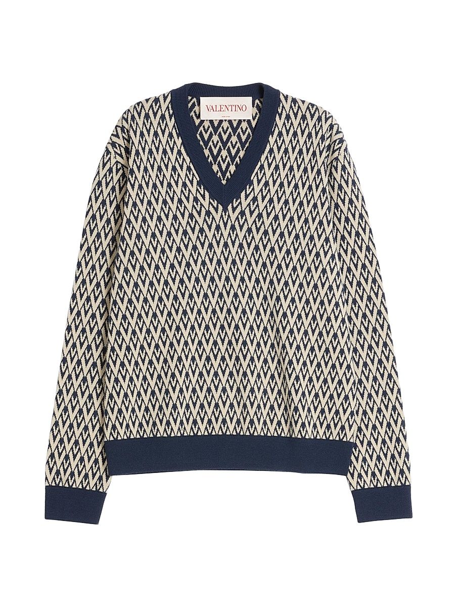 Men's Wool Sweater with Toute La V Jacquard Pattern - Ivory Navy - Size XS