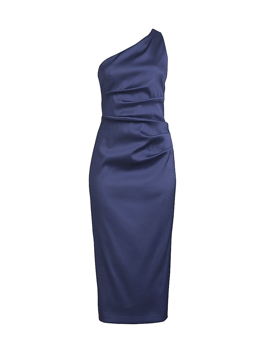 Women's Satin Gathered One-Shoulder Sheath Cocktail Dress - Navy - Size 16