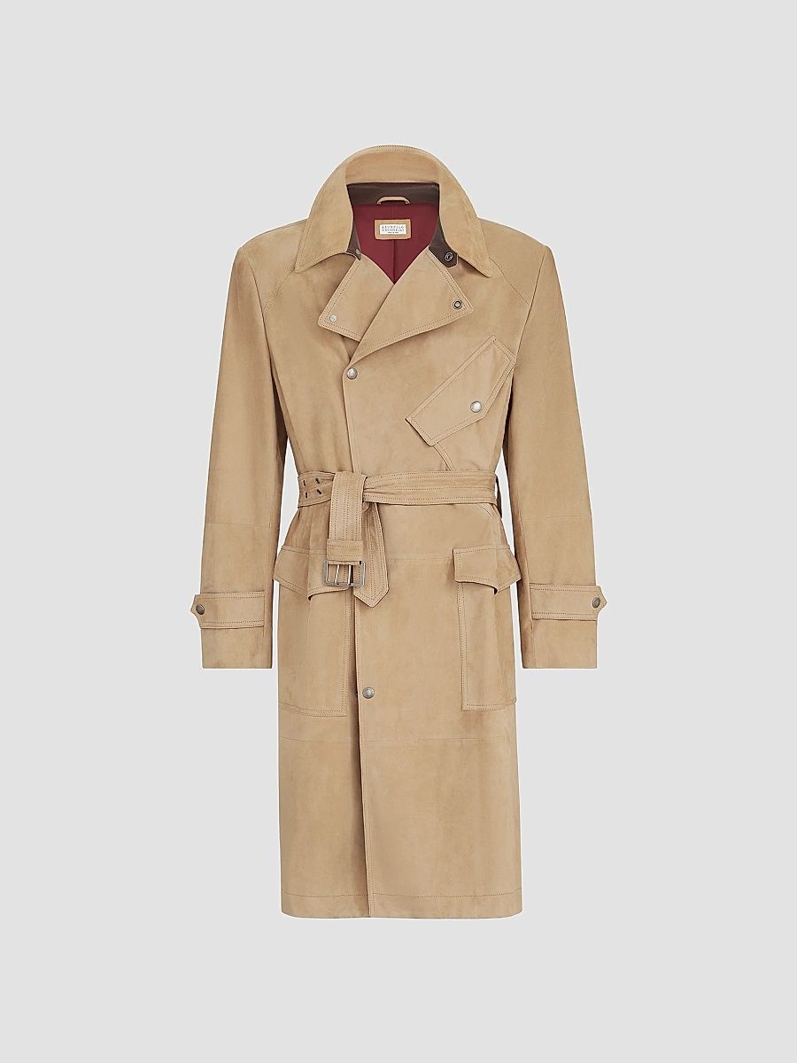 Men's Suede Motorcyle Trench with Nappa Leather Inserts - Sand - Size XXXL