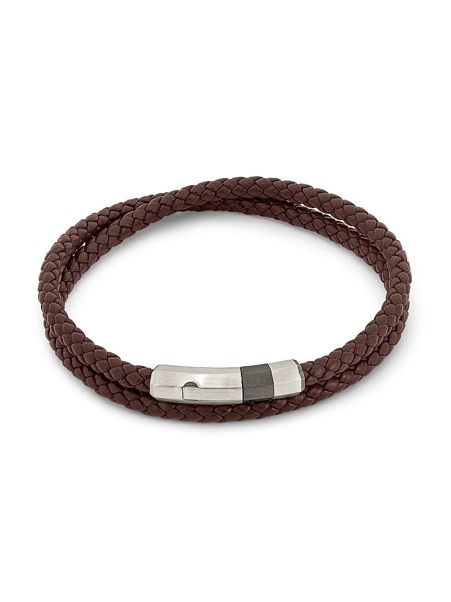 Men's Octagon Click Pelle Braided Leather & Sterling Silver Bracelet - Brown - Size Large