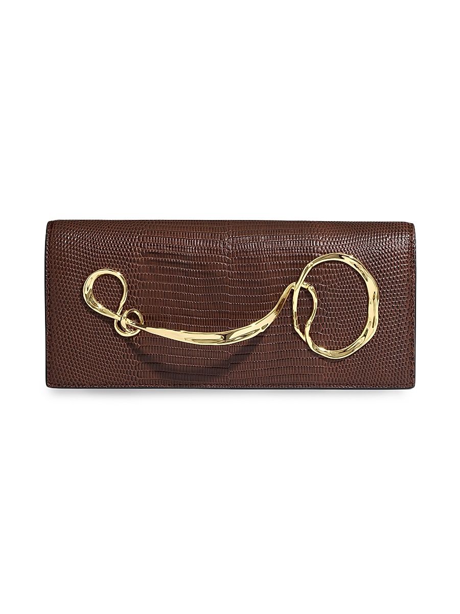 Women's Lizard-Embossed Leather Clutch - Burnt Cherry