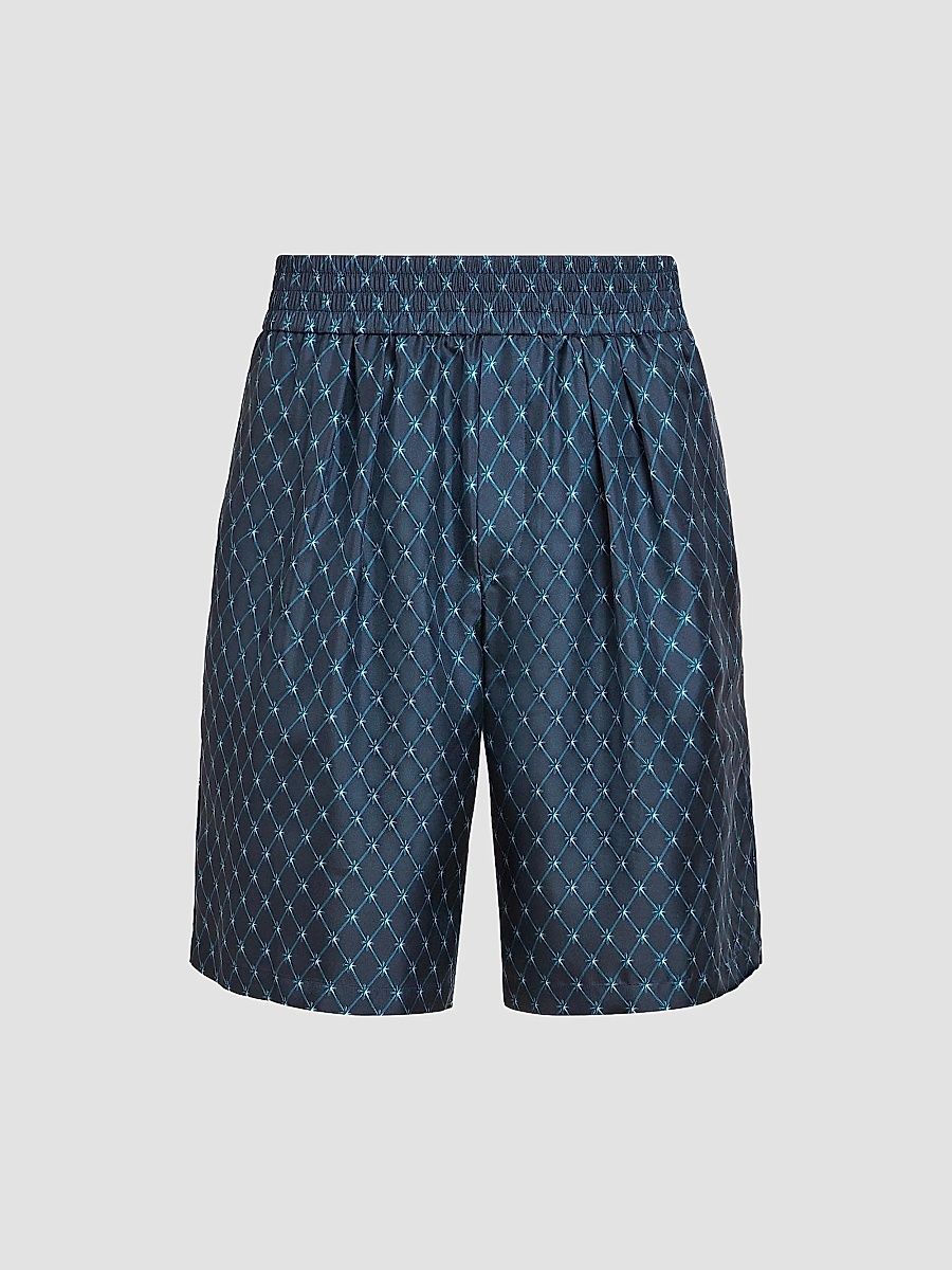 Balmain Men's Grid-Print Silk Relaxed-Fit Shorts - Bleu Nuit Bleu Ciel - Size XL
